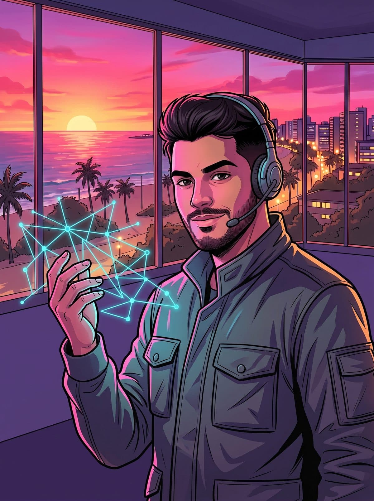 Ilustração de Iure Oliveira diante da orla de Maceió ao pôr do sol, com uma rede de pontos de luz na mão.