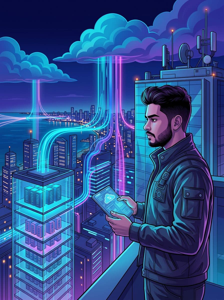 Ilustração: Iure, com um tablet, observa feixes de luz subindo de um prédio de dados até as nuvens sobre a cidade à noite.