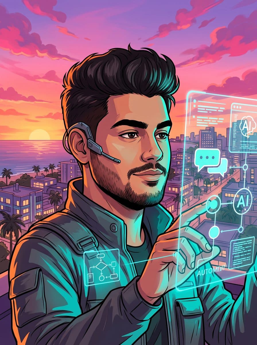 Ilustração: Iure, de headset, interage com um painel holográfico de IA diante da orla ao pôr do sol.