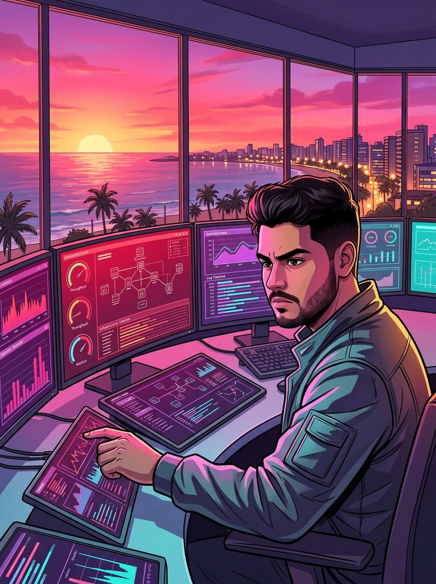 Ilustração: Iure numa sala de controle cheia de painéis de métricas, diante de janelas para o mar ao pôr do sol.